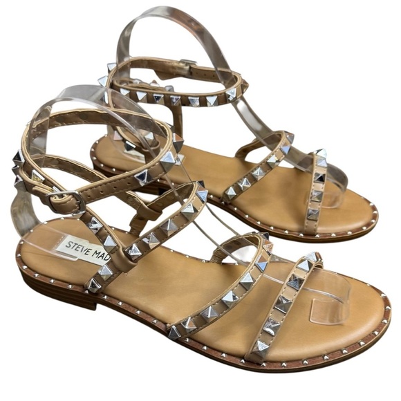 Steve Madden Womens Travel Rock Stud Sandals No Size Tan Gladiator Flats READ - Picture 1 of 12